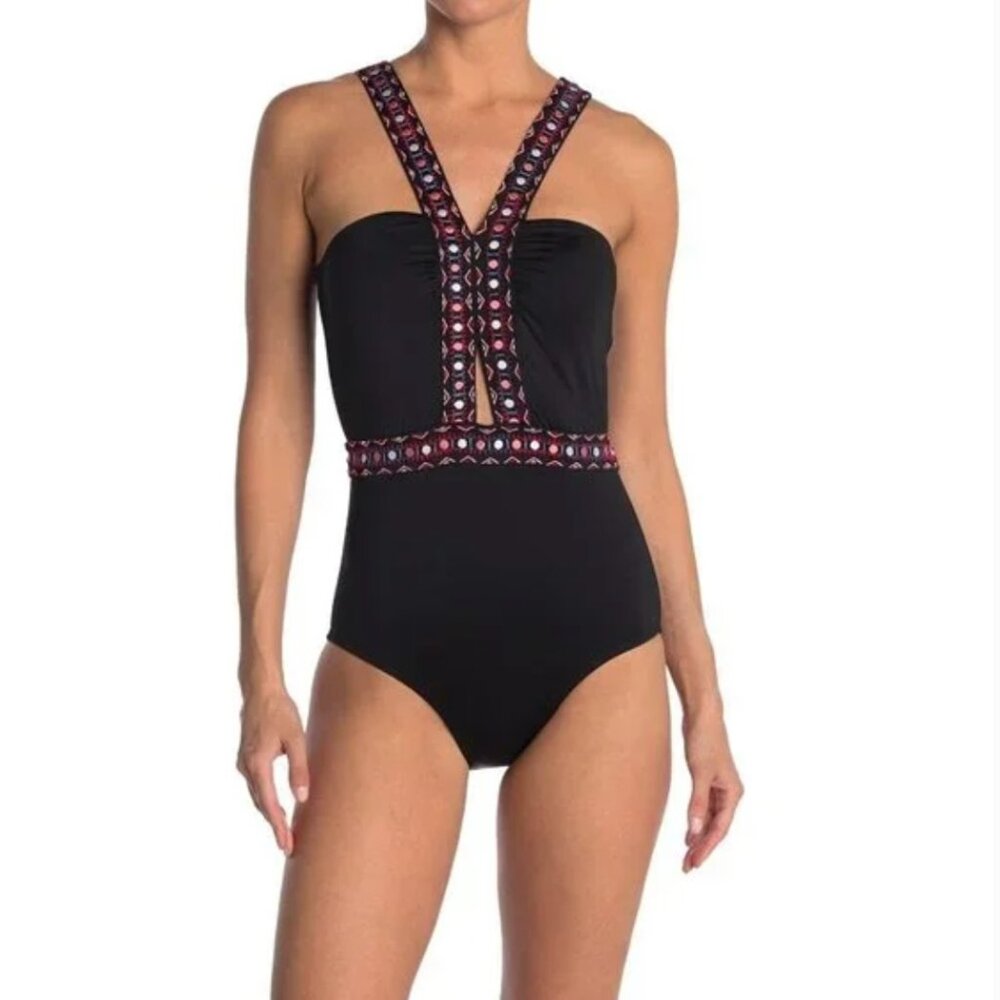 Laundry by Shelli Segal Size Large Stitch Embroidered Cut Out One Piece Swimsuit